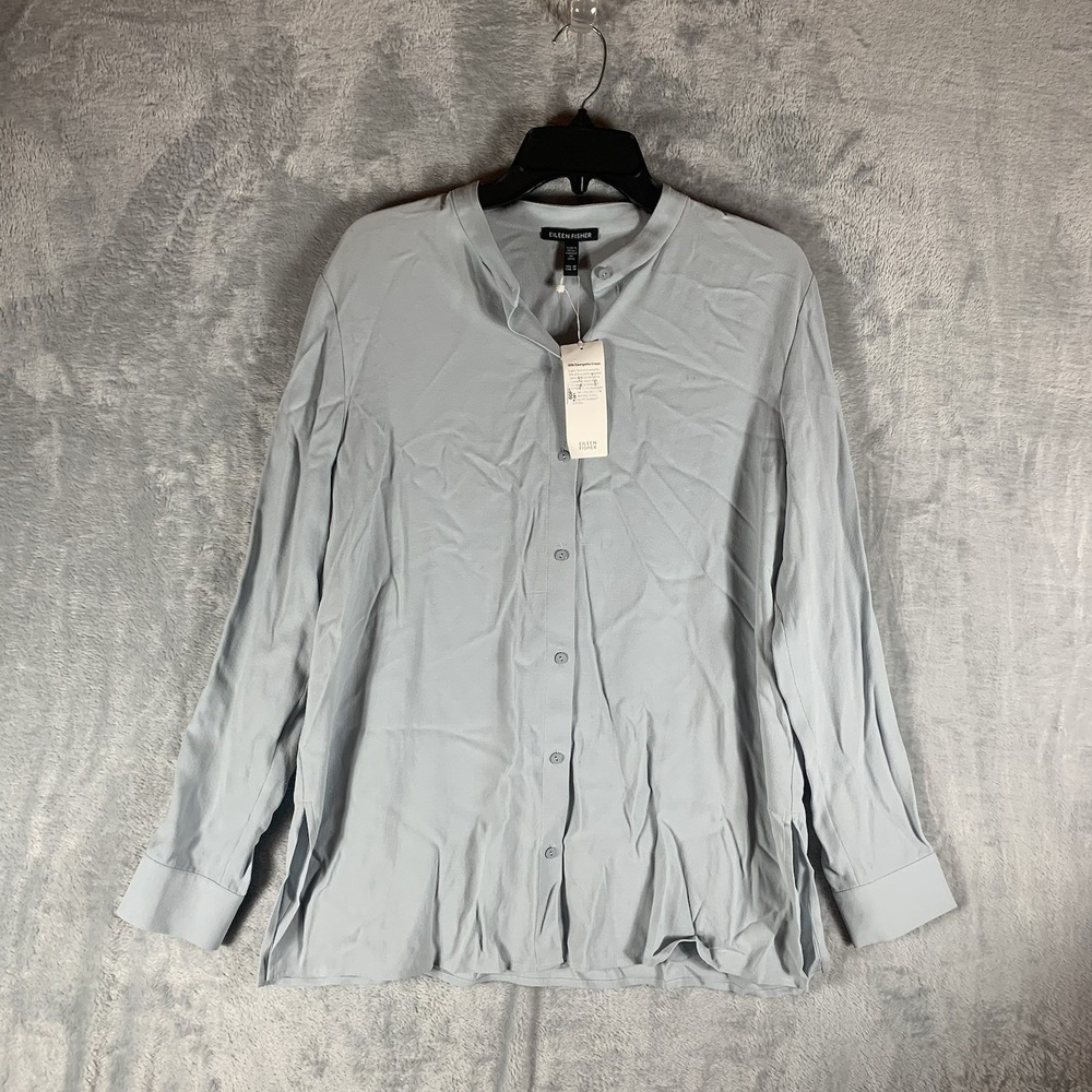 Eileen Fisher Women's Button Up Top XS Mandarin Collar Silk Frost Sustainable